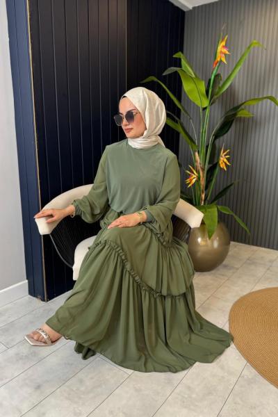 Kolu Şifon Garnili Etek Takım Haki
