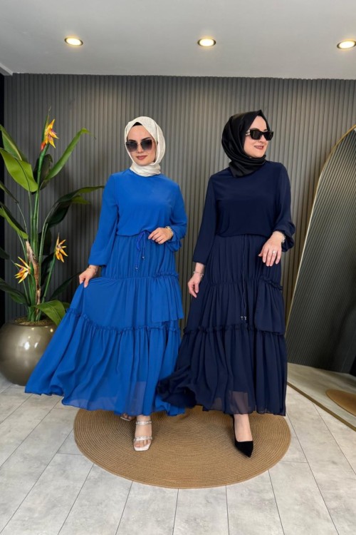 Kolu Şifon Garnili Etek Takım Saks Mavisi