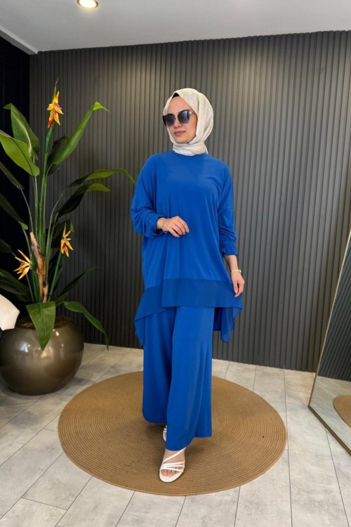 Şifon Detaylı Sandy Takım Saks Mavisi