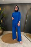 Etek Ucu Şifon Detaylı Bol Paça Sandy Pantolon Takım Saks Mavisi