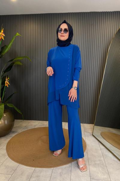 Etek Ucu Şifon Detaylı Bol Paça Sandy Pantolon Takım Saks Mavisi