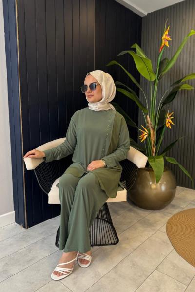 Etek Ucu Şifon Detaylı Bol Paça Sandy Pantolon Takım Haki
