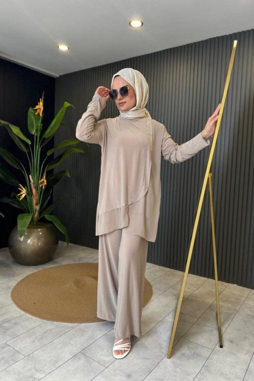 Etek Ucu Şifon Detaylı Bol Paça Sandy Pantolon Takım Bej