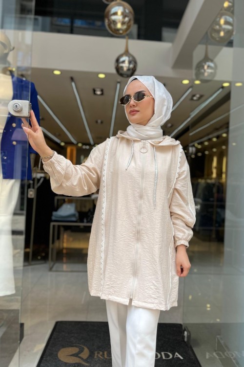 Fermuarlı Ayrobin Kısa Boy Kap Bej