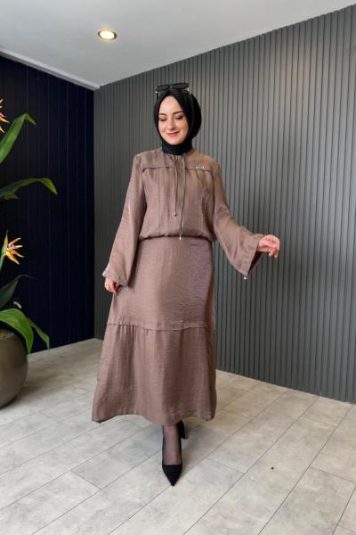 Kalları Bağcık Detay Qupra Etek Takım Kahve