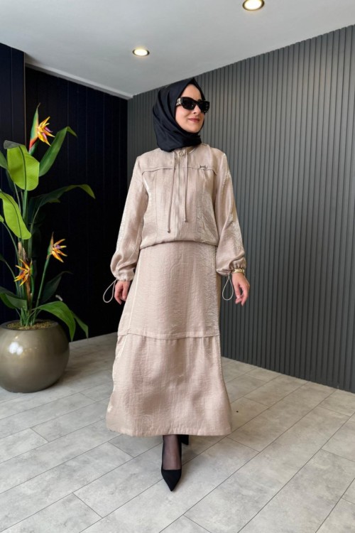 Kolları Bağcık Detay Qupra Etek Takım Bej