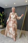 Fularlı Beli Kemerli Elbise Camel