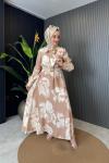 Fularlı Beli Kemerli Elbise Camel