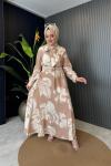 Fularlı Beli Kemerli Elbise Camel