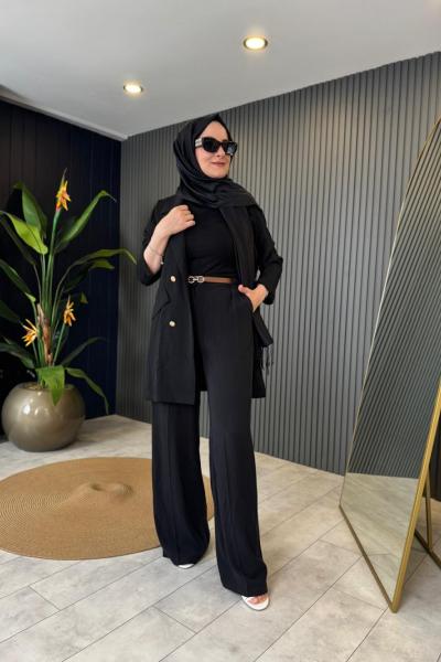 Yüksek Bel Kemerli Pantolon Siyah