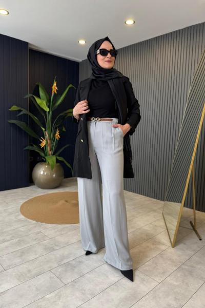 Yüksek Bel Kemerli Pantolon Gri