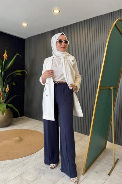 Yüksek Bel Kemerli Pantolon Lacivert