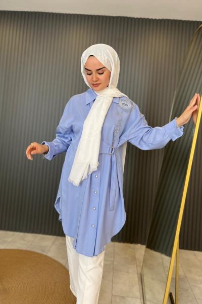 Taş İşlemeli Gömlek Mavi