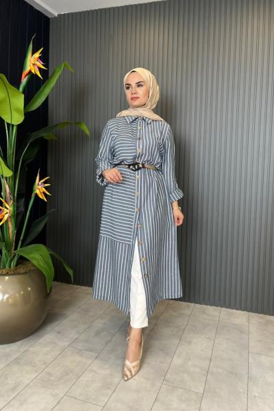 Keten Çizgili Uzun Gömlek Lacivert