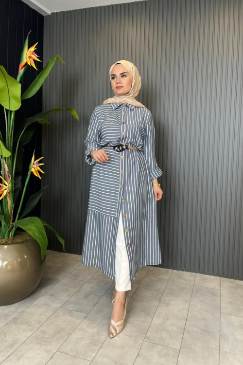 Keten Çizgili Uzun Gömlek Lacivert