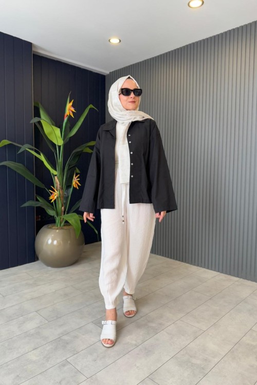 Pamuklu Poplin Gömlek Siyah