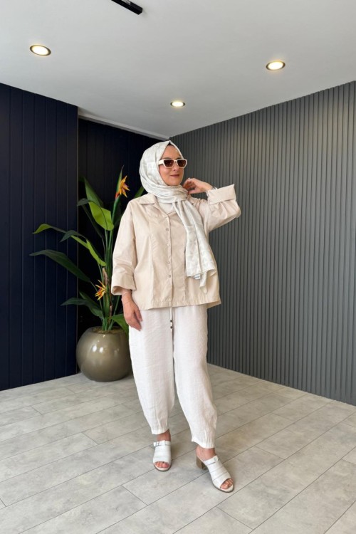 Pamuklu Poplin Gömlek Bej