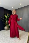 Yandan Pelerinli Şifon Elbise Bordo
