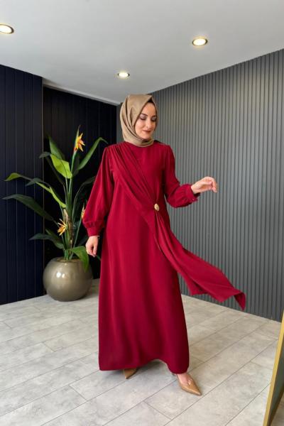 Yandan Pelerinli Şifon Elbise Bordo