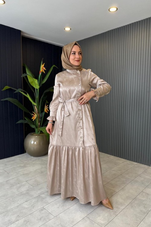 Sema Düğmeli Jakar Elbise Bej