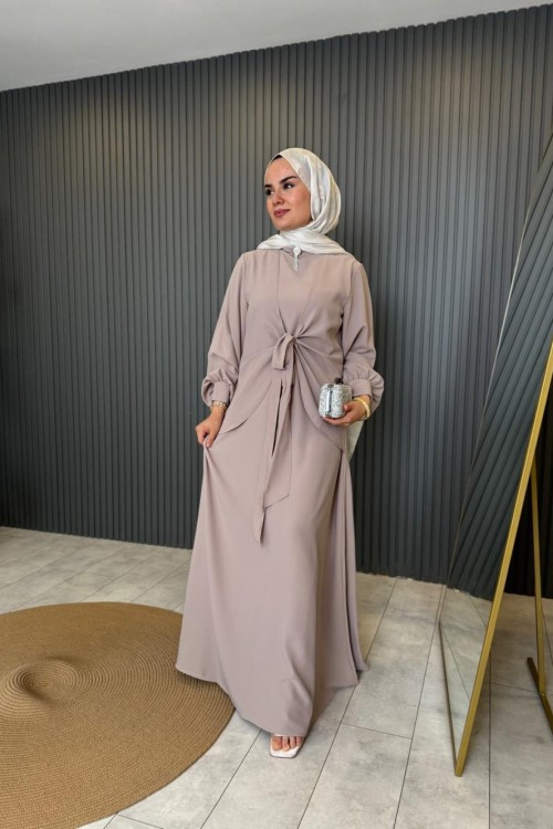 Kuşaklı Yaren Elbise Bej
