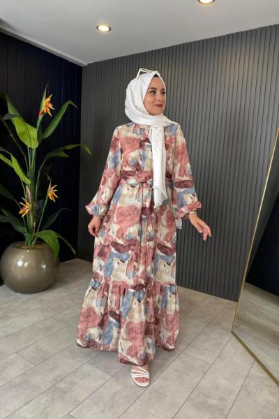 Desenli Keten Elbise Gül