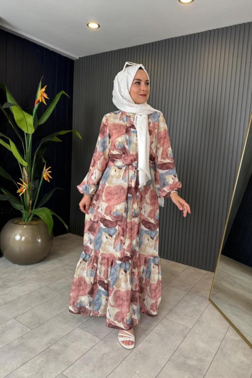 Desenli Keten Elbise Gül