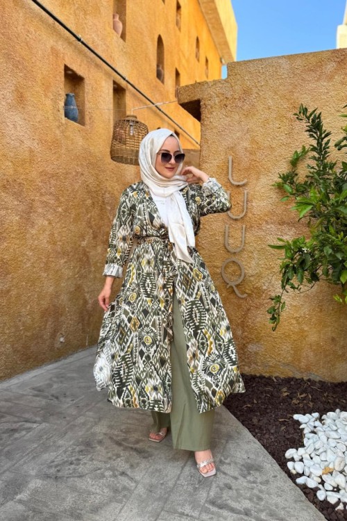 Gömleği Desenli Pantolonlu Takım Haki