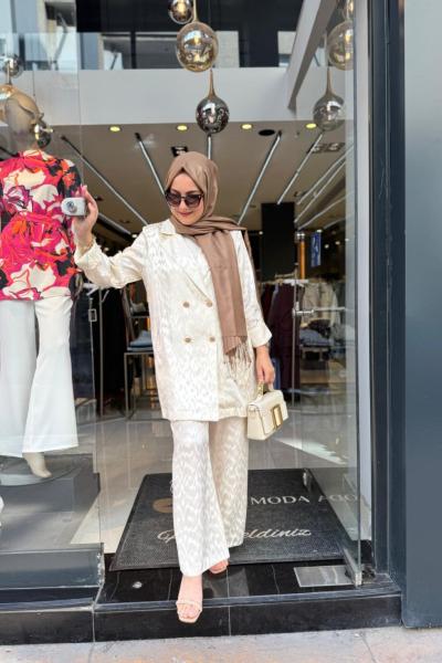 Jakar Blazer Ceket Pantolon Takımı Krem