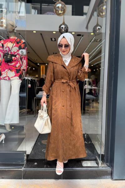 Çift Düğmeli Tam Boy Ferace/Kap Kahverengi