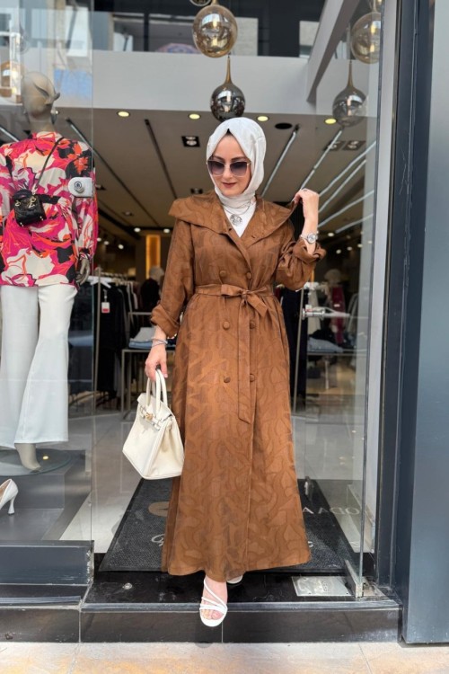 Çift Düğmeli Tam Boy Ferace/Kap Kahverengi