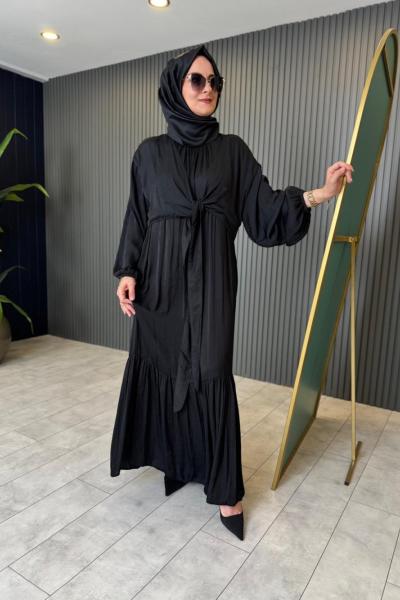 Önden Bağlamalı Memory Kupra Elbise Siyah