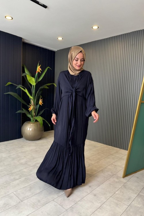 Önden Bağlamalı Memory Kupra Elbise Lacivert