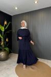 Belden Kuşaklı Büzgü Detaylı Elbise Lacivert
