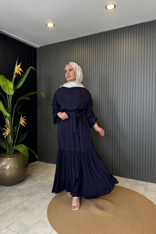 Belden Kuşaklı Büzgü Detaylı Elbise Lacivert