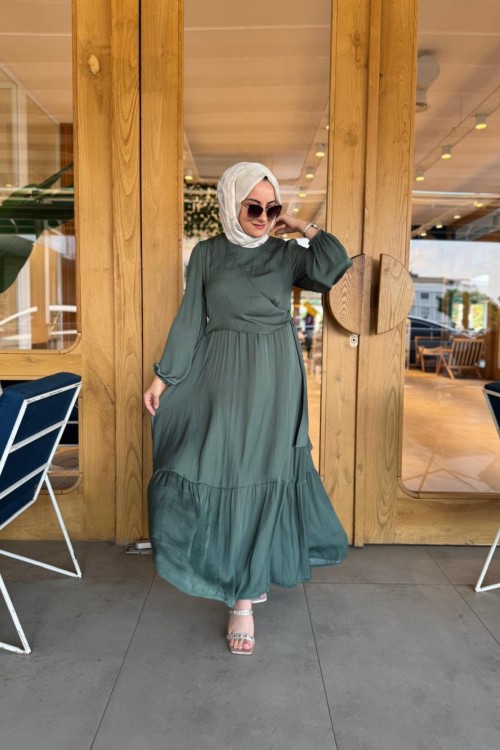 Ön Aller Bağlama Detaylı Memory Kupra Elbise Yeşil