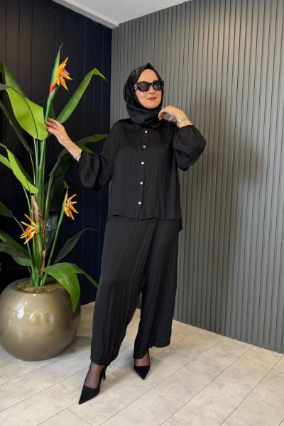Kolları Lastikli Memory Kupra Pantolonlu Takım Siyah