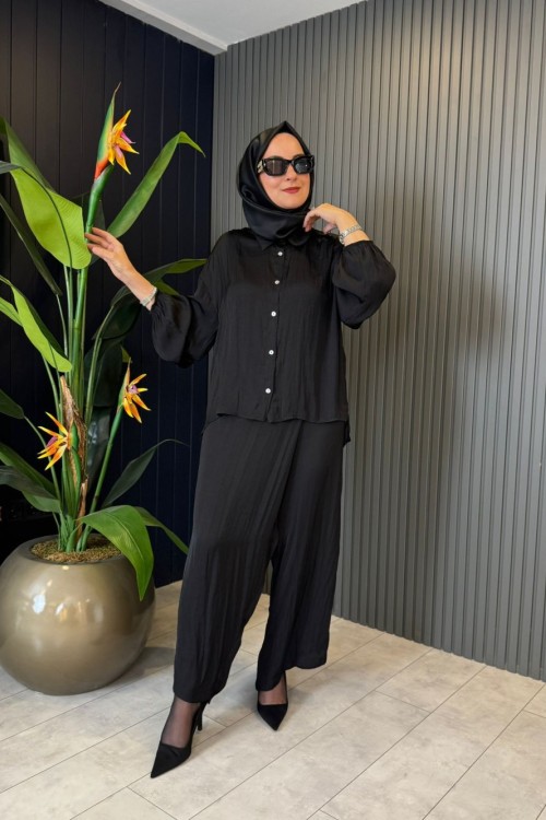 Kolları Lastikli Memory Kupra Pantolonlu Takım Siyah