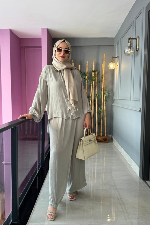 Kolları Lastikli Memory Kupra Pantolonlu Takım Gri