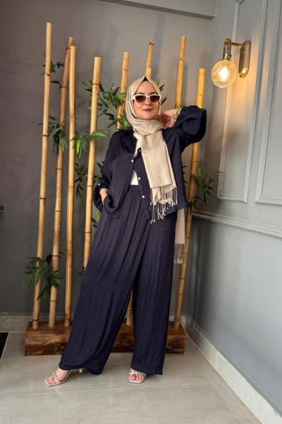 Kolları Lastikli Memory Kupra Pantolonlu Takım Lacivert