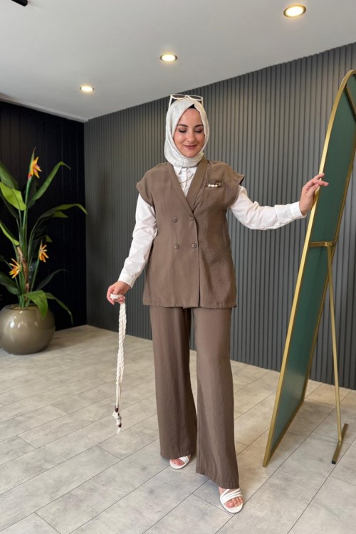 Levidor Yelekli Pantolonlu Takım Kahve