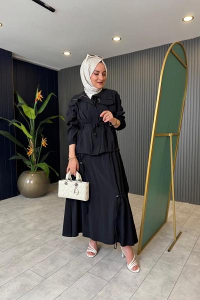 Levidor Beli Büzgülü Etekli Takım Siyah