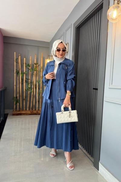 Levidor Beli Büzgülü Etekli Takım İndigo Mavi