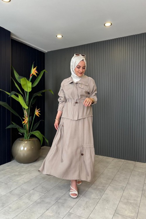 Levidor Beli Büzgülü Etekli Takım Taş Rengi