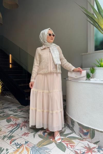 Ohan Güpür İşlemeli Ceket Elbise Bej