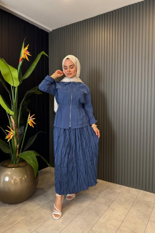 Kraşlı Etekli Takım İndigo Mavi