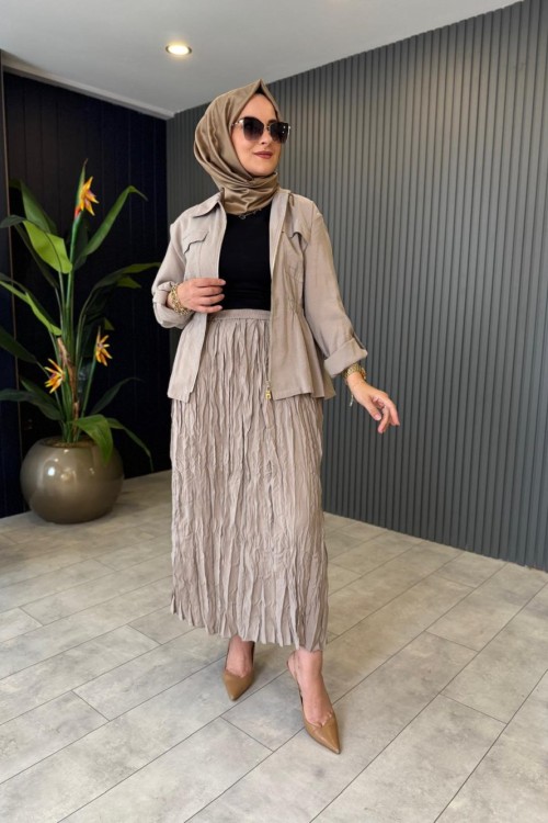 Kraşlı Etekli Takım Taş Rengi