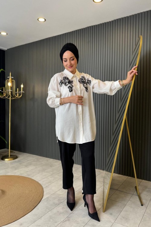 İnci Detaylı Gömlek Ekru