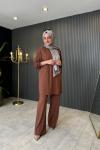 Taş Baskılı İkili Pantolonlu Takım Kahve