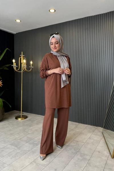 Taş Baskılı İkili Pantolonlu Takım Kahve